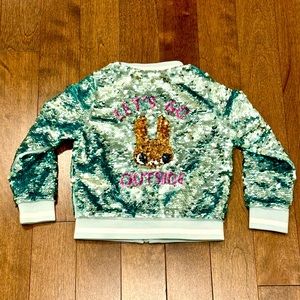 H&M girl teal sequins zipper jacket, size 3-4T.